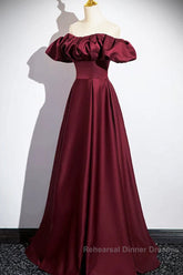 Wine Red Satin Off Shoulder Long Party Dress, Wine Red Satin Semi Formal Prom Dress
